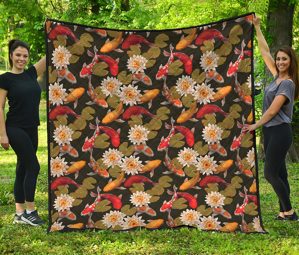 Koi Carp And Lotus Pattern Print Quilt