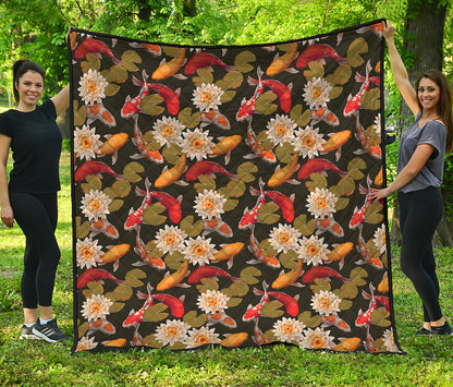 Koi Carp And Lotus Pattern Print Quilt