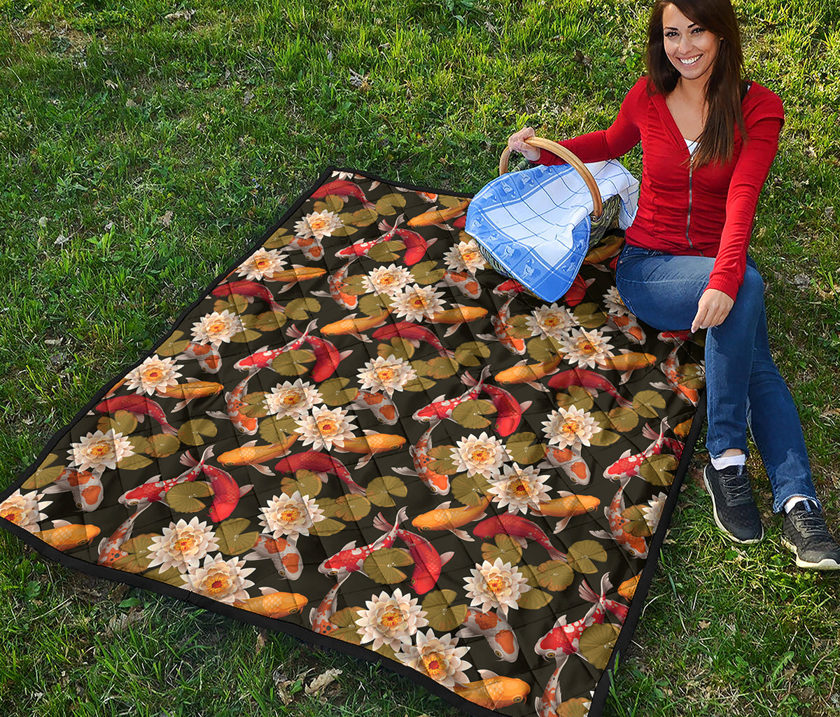 Koi Carp And Lotus Pattern Print Quilt