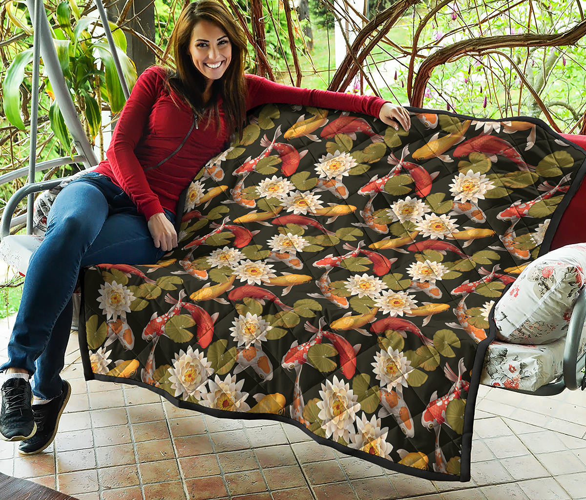 Koi Carp And Lotus Pattern Print Quilt