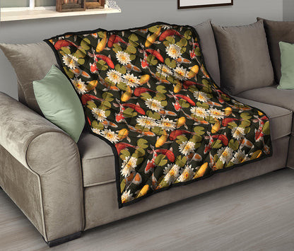 Koi Carp And Lotus Pattern Print Quilt