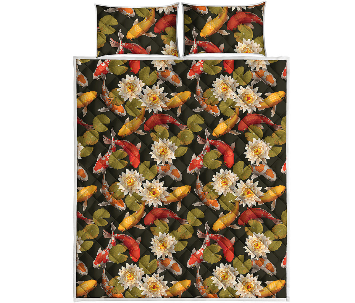 Koi Carp And Lotus Pattern Print Quilt Bed Set