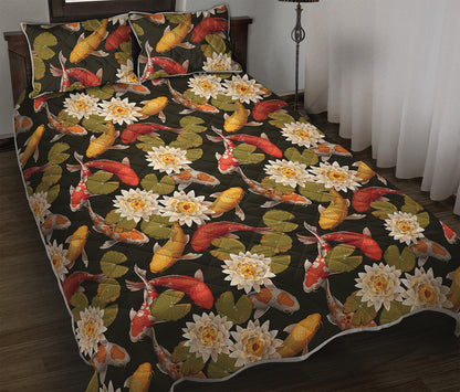 Koi Carp And Lotus Pattern Print Quilt Bed Set