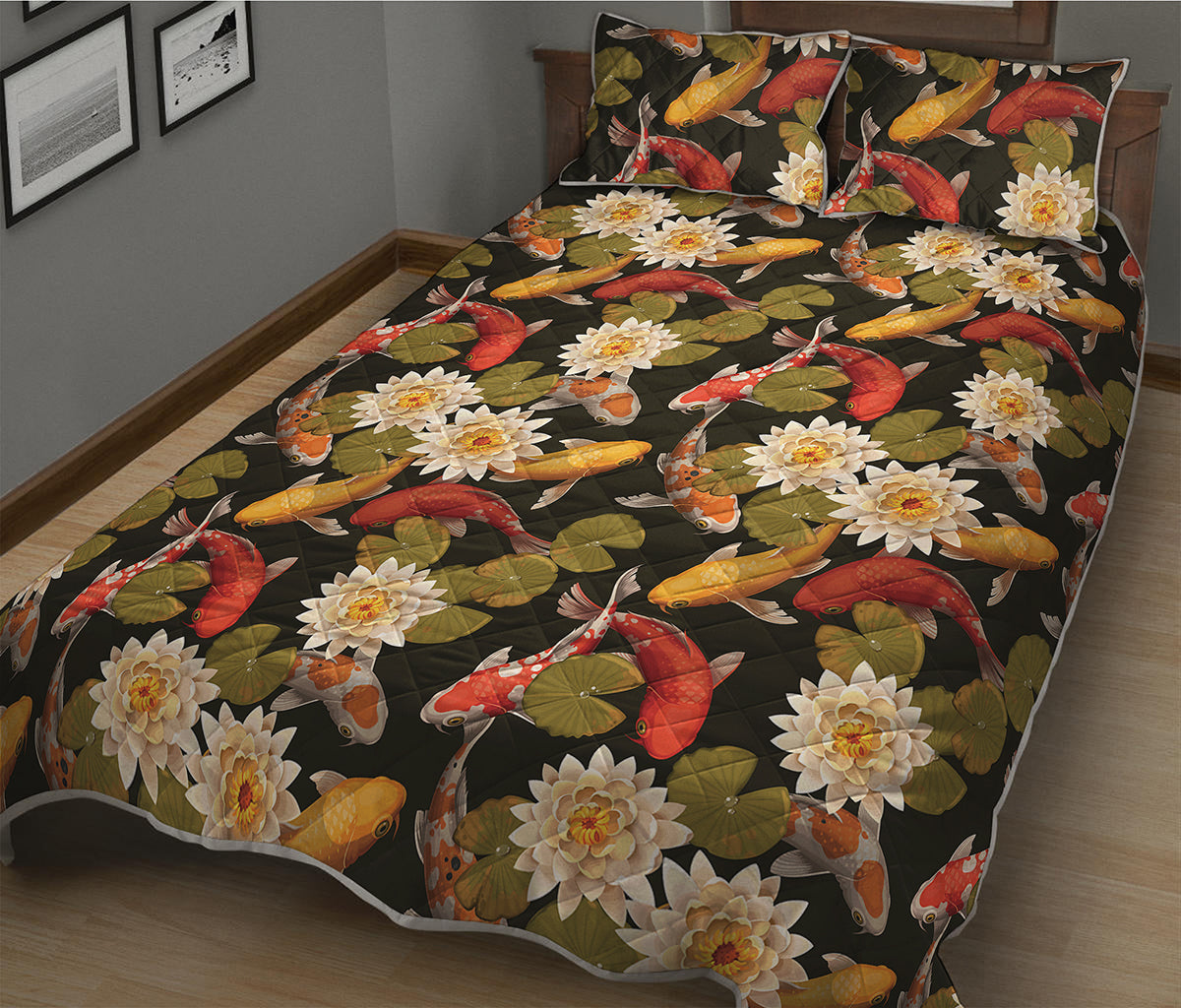 Koi Carp And Lotus Pattern Print Quilt Bed Set