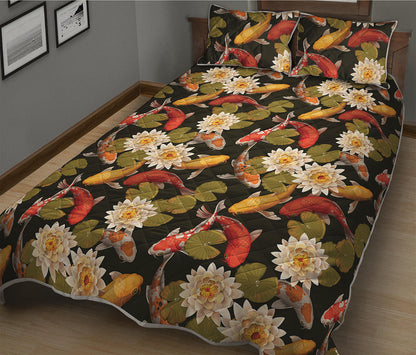 Koi Carp And Lotus Pattern Print Quilt Bed Set