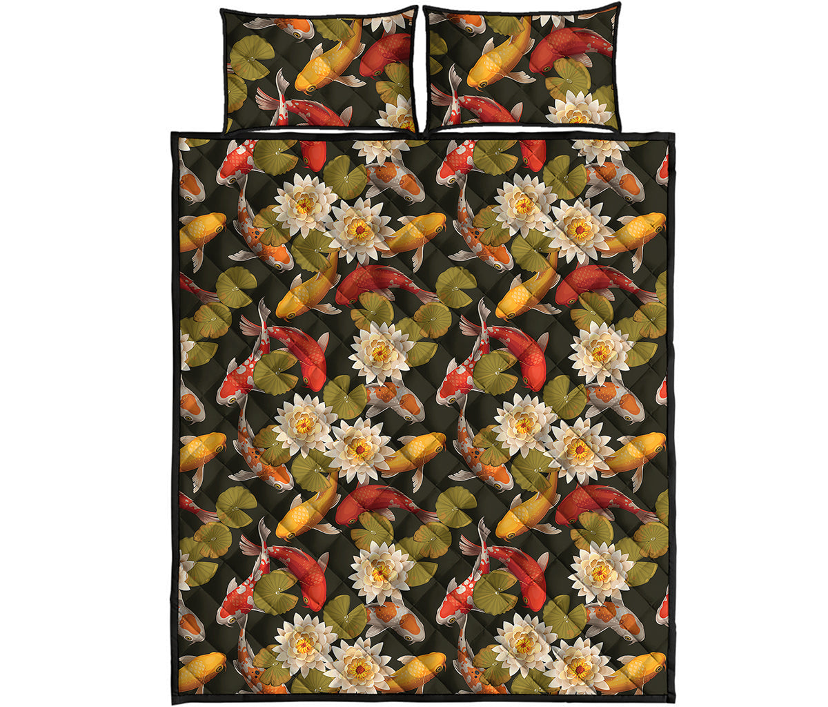 Koi Carp And Lotus Pattern Print Quilt Bed Set