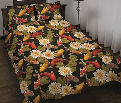 Koi Carp And Lotus Pattern Print Quilt Bed Set
