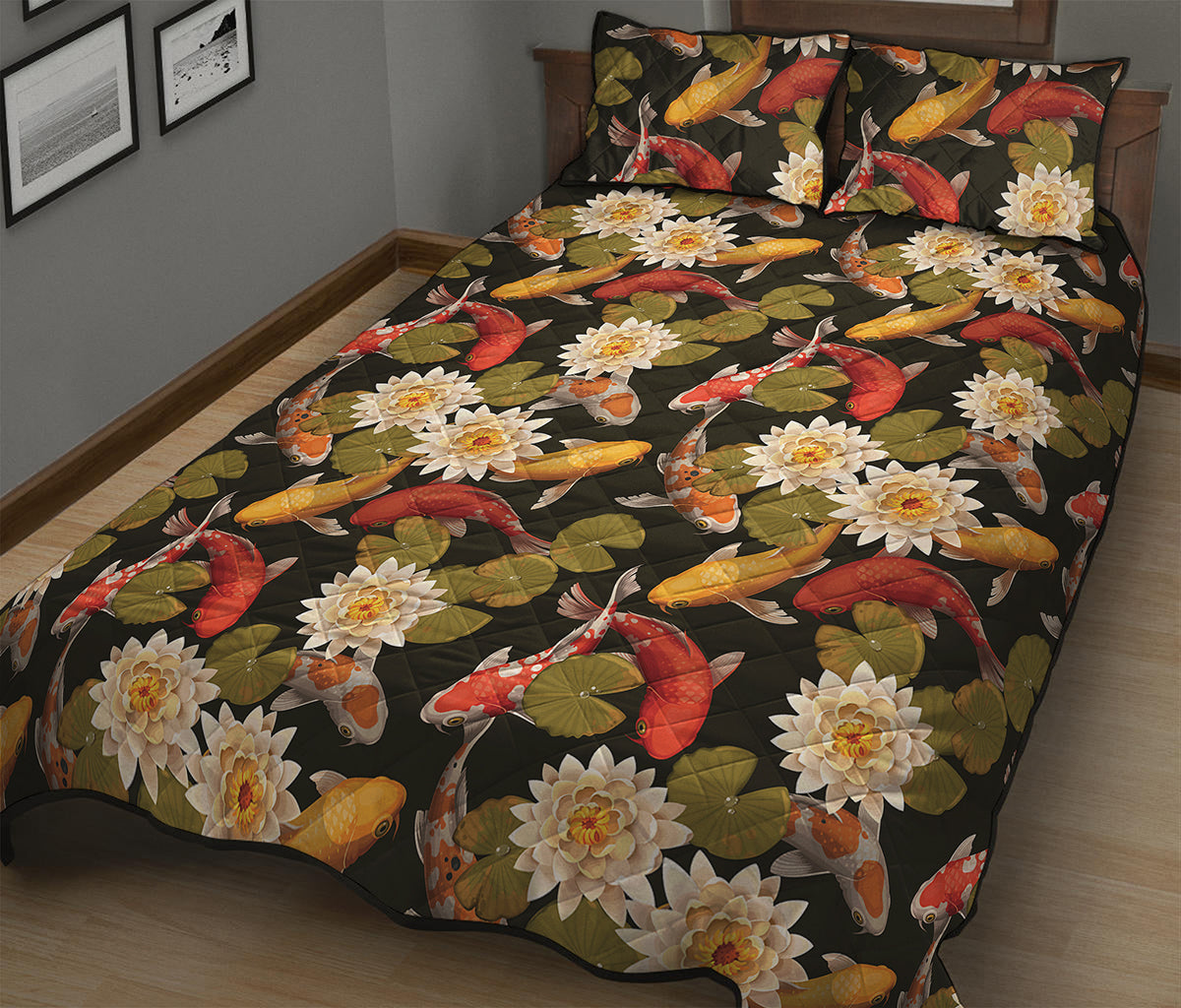 Koi Carp And Lotus Pattern Print Quilt Bed Set