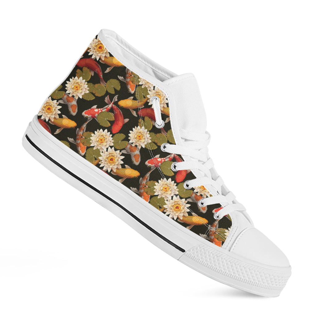 Koi Carp And Lotus Pattern Print White High Top Shoes