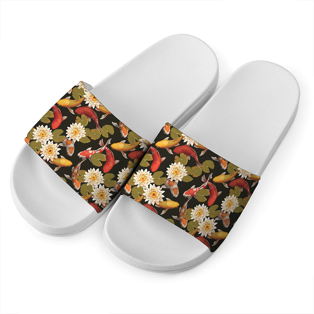 Koi Carp And Lotus Pattern Print White Slide Sandals