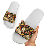 Koi Carp And Lotus Pattern Print White Slide Sandals