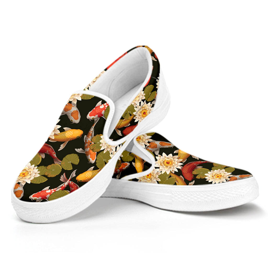 Koi Carp And Lotus Pattern Print White Slip On Shoes