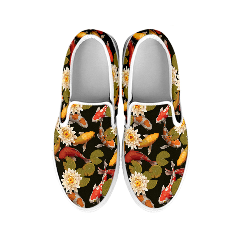 Koi Carp And Lotus Pattern Print White Slip On Shoes