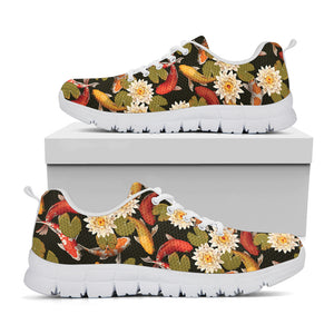 Koi Carp And Lotus Pattern Print White Sneakers