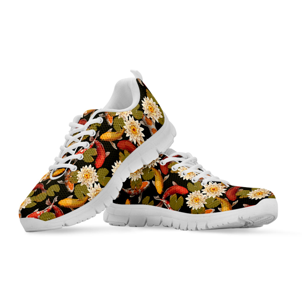 Koi Carp And Lotus Pattern Print White Sneakers