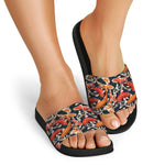 Koi Carp Pattern Print Black Slide Sandals