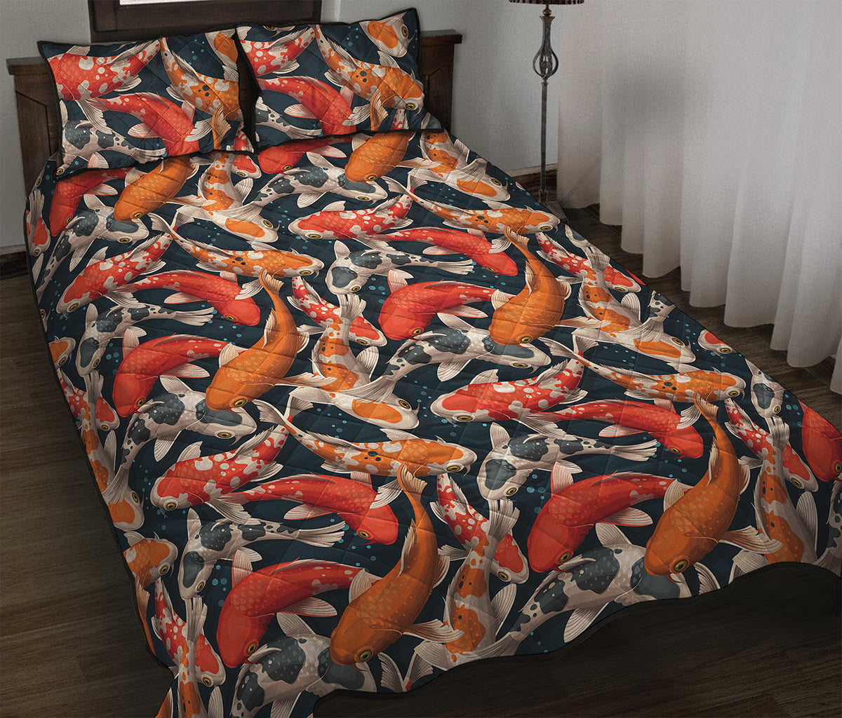 Koi Carp Pattern Print Quilt Bed Set