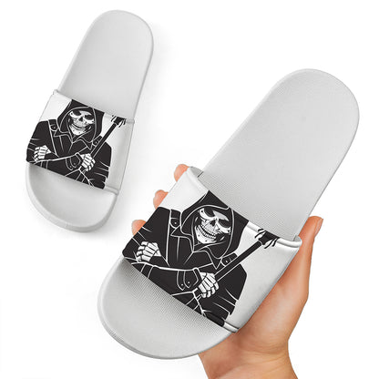 Lacrosse Skull Print White Slide Sandals