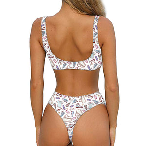 Lacrosse Sport Pattern Print Front Bow Tie Bikini