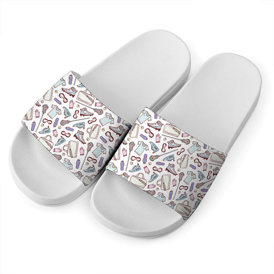 Lacrosse Sport Pattern Print White Slide Sandals