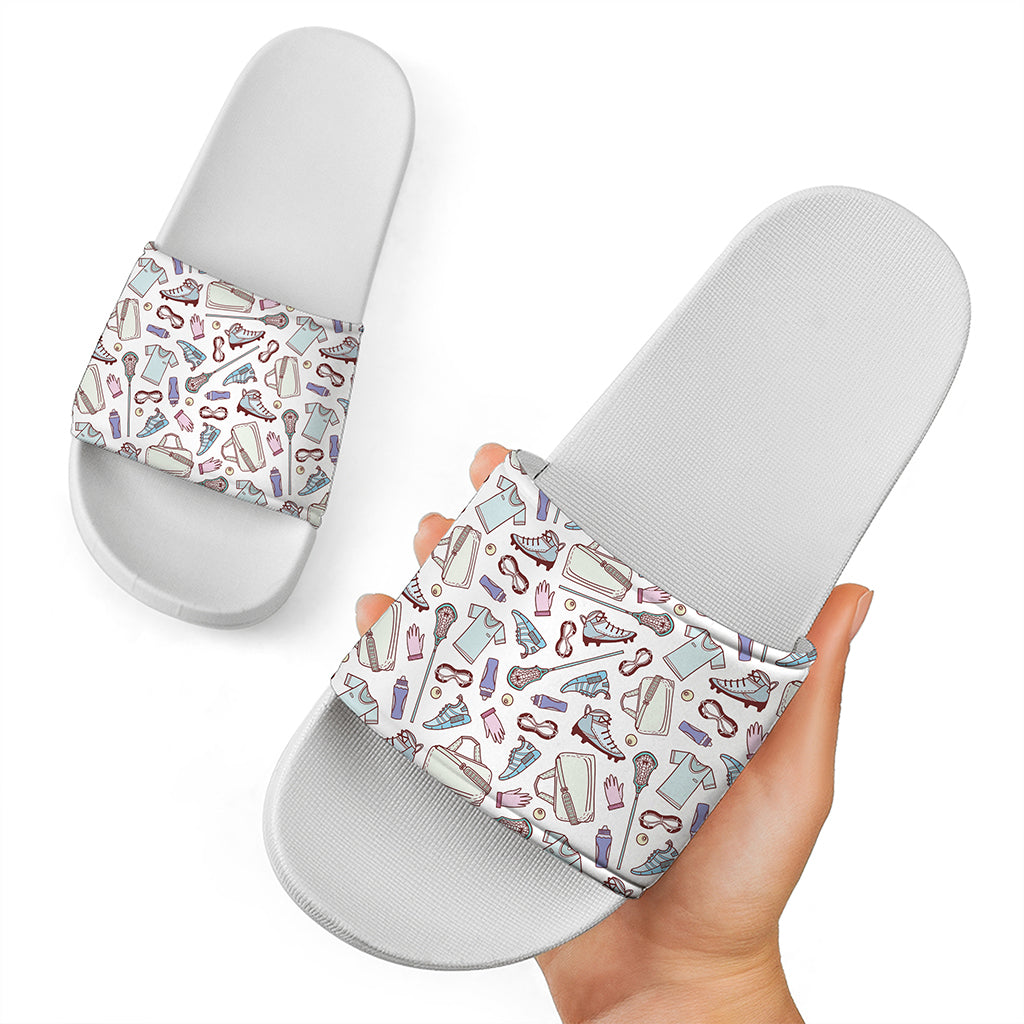 Lacrosse Sport Pattern Print White Slide Sandals