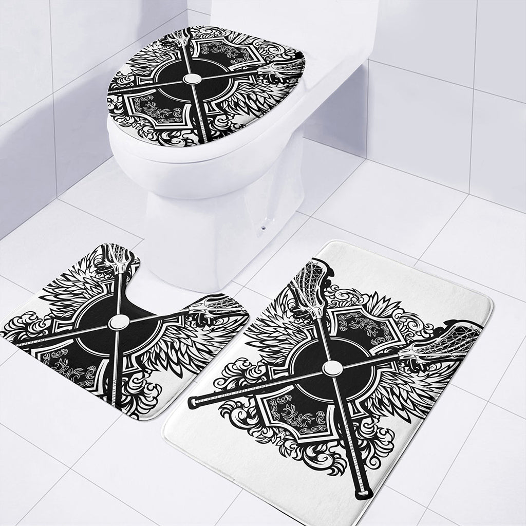 Lacrosse Sticks And Ornate Wing Print 3 Piece Bath Mat Set