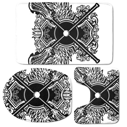 Lacrosse Sticks And Ornate Wing Print 3 Piece Bath Mat Set