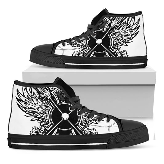 Lacrosse Sticks And Ornate Wing Print Black High Top Shoes