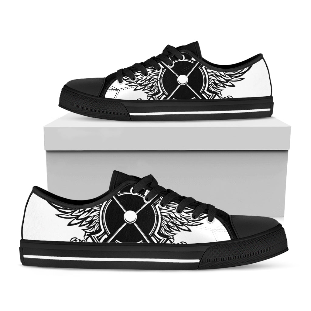 Lacrosse Sticks And Ornate Wing Print Black Low Top Shoes 