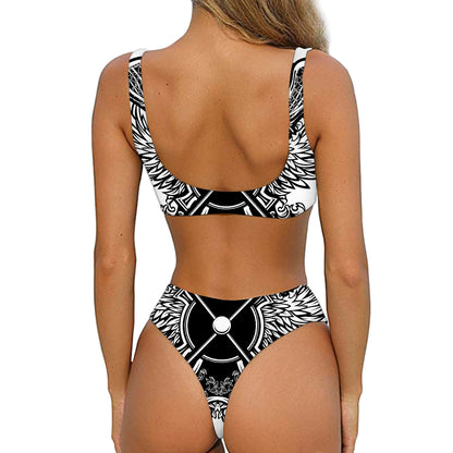 Lacrosse Sticks And Ornate Wing Print Front Bow Tie Bikini