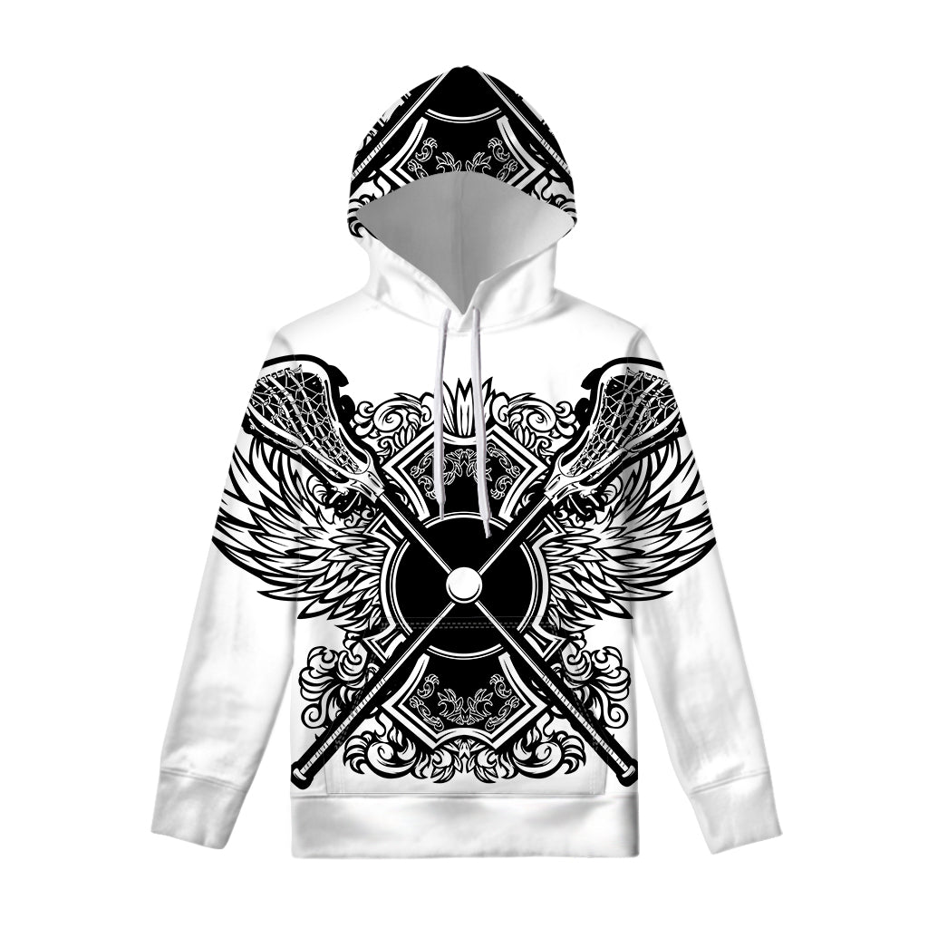 Lacrosse Sticks And Ornate Wing Print Pullover Hoodie