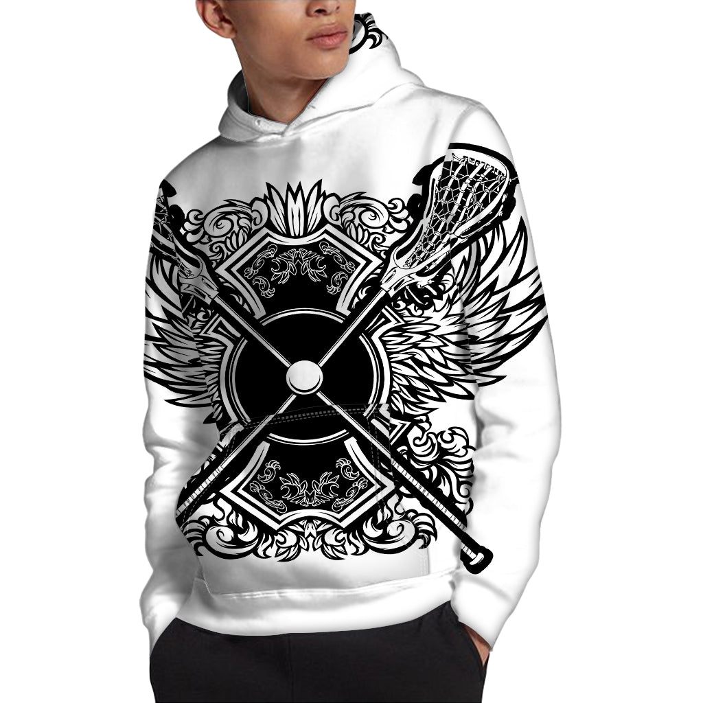 Lacrosse Sticks And Ornate Wing Print Pullover Hoodie