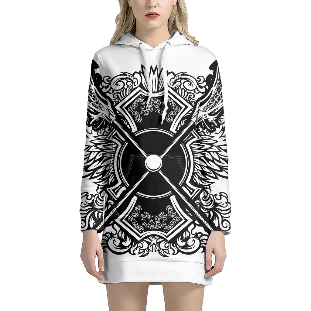 Lacrosse Sticks And Ornate Wing Print Pullover Hoodie Dress