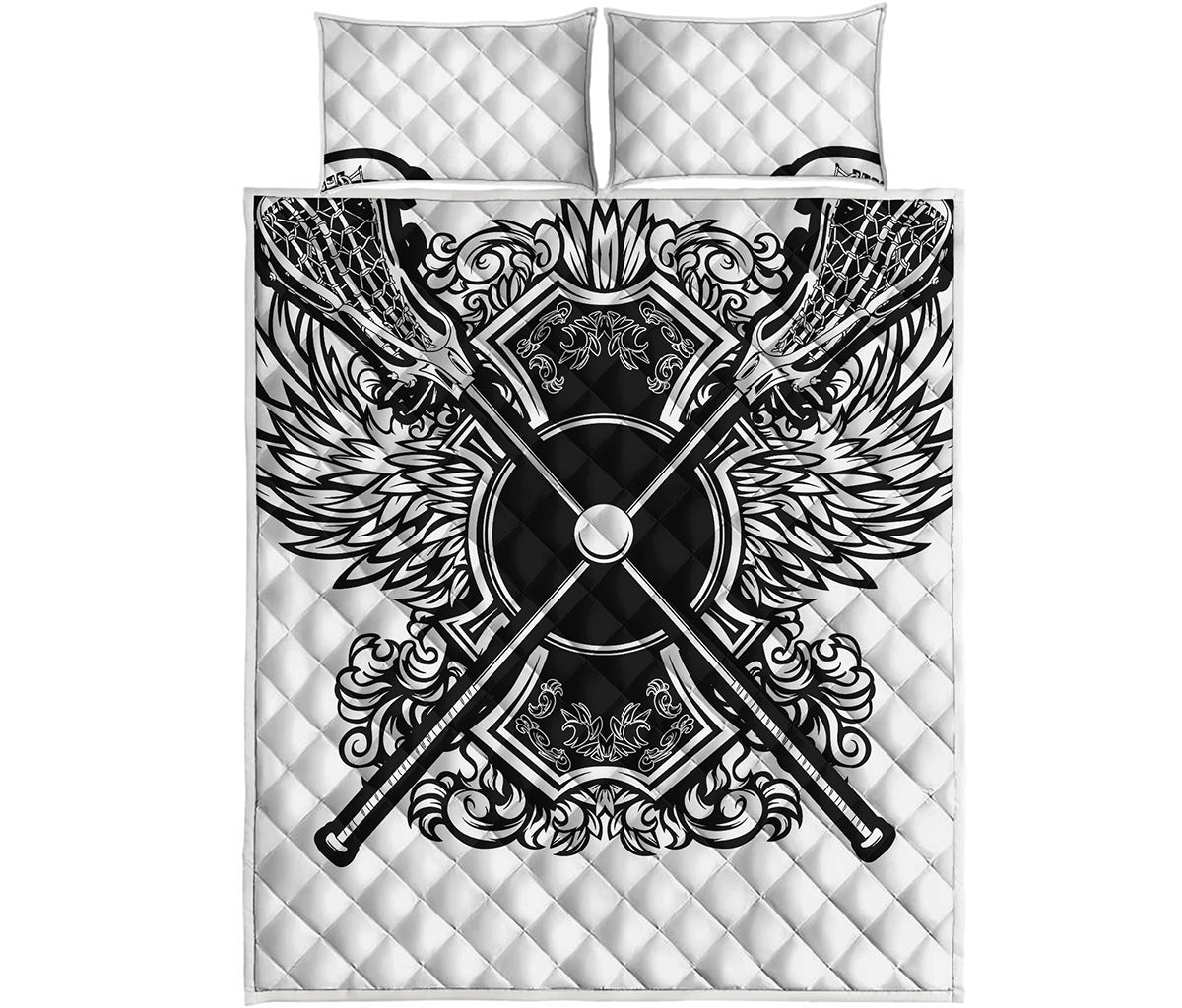Lacrosse Sticks And Ornate Wing Print Quilt Bed Set