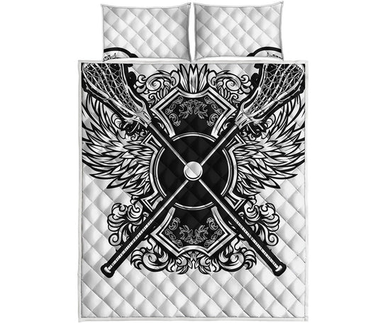 Lacrosse Sticks And Ornate Wing Print Quilt Bed Set