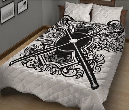 Lacrosse Sticks And Ornate Wing Print Quilt Bed Set