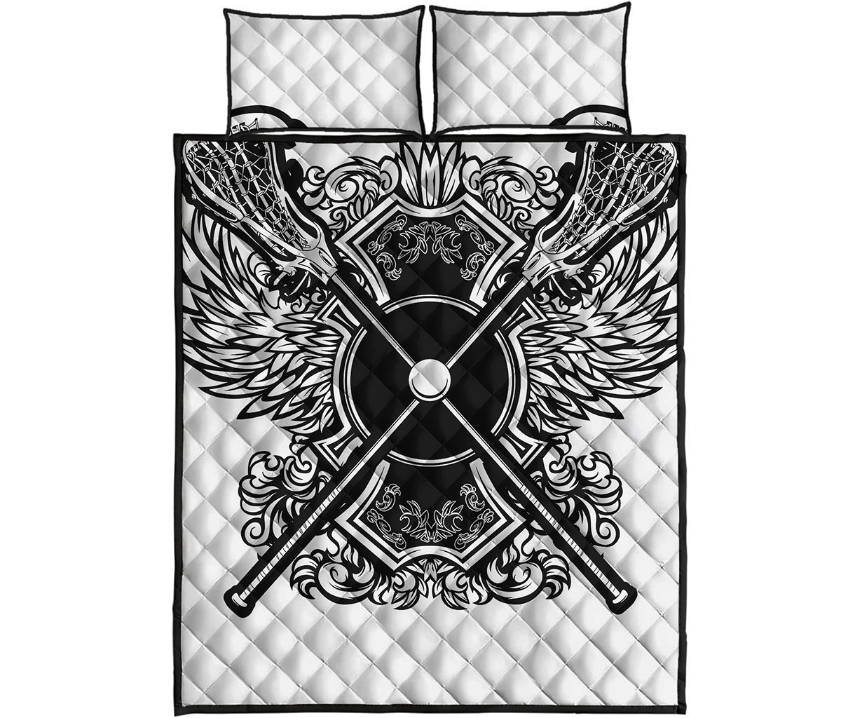 Lacrosse Sticks And Ornate Wing Print Quilt Bed Set