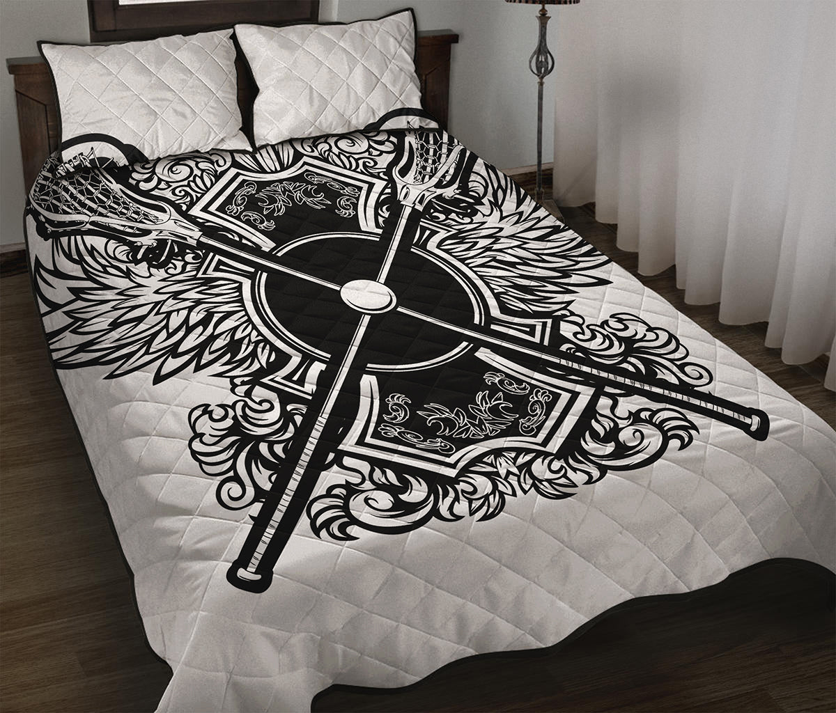 Lacrosse Sticks And Ornate Wing Print Quilt Bed Set