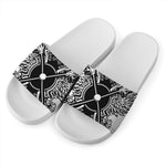 Lacrosse Sticks And Ornate Wing Print White Slide Sandals