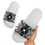 Lacrosse Sticks And Ornate Wing Print White Slide Sandals