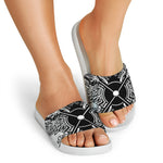Lacrosse Sticks And Ornate Wing Print White Slide Sandals