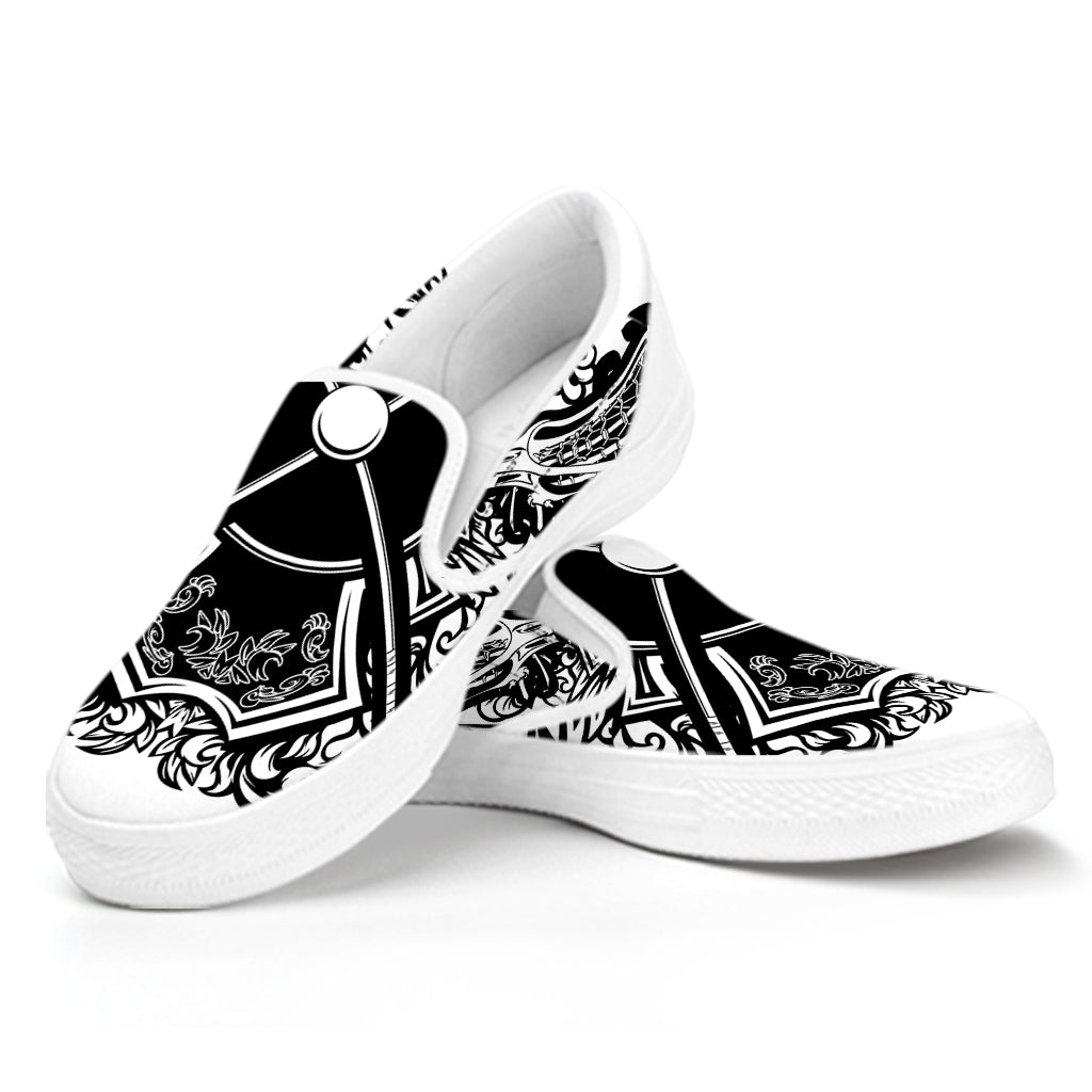 Lacrosse Sticks And Ornate Wing Print White Slip On Shoes