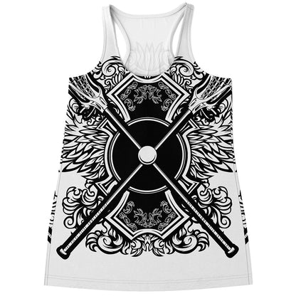 Lacrosse Sticks And Ornate Wing Print Women's Racerback Tank Top