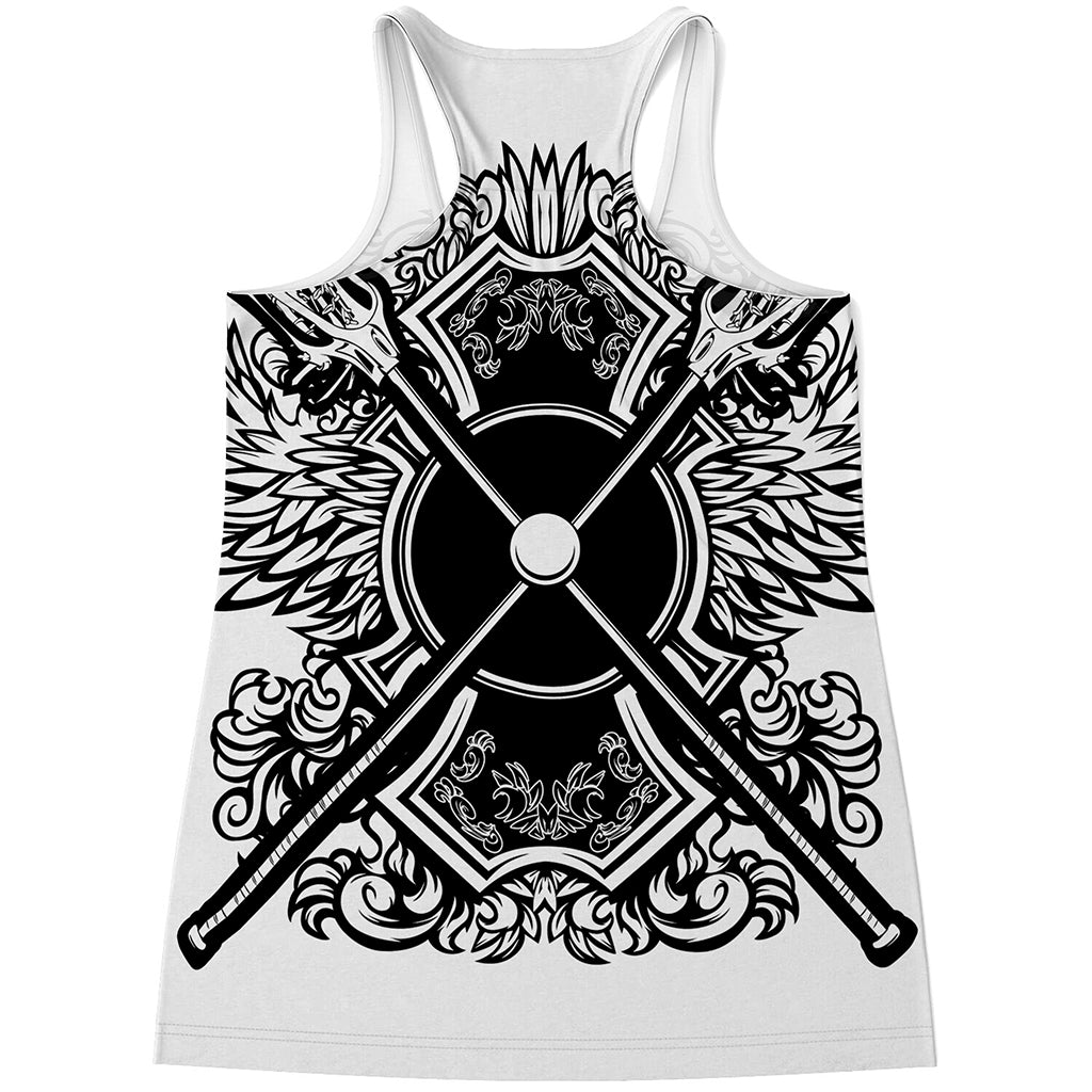 Lacrosse Sticks And Ornate Wing Print Women's Racerback Tank Top