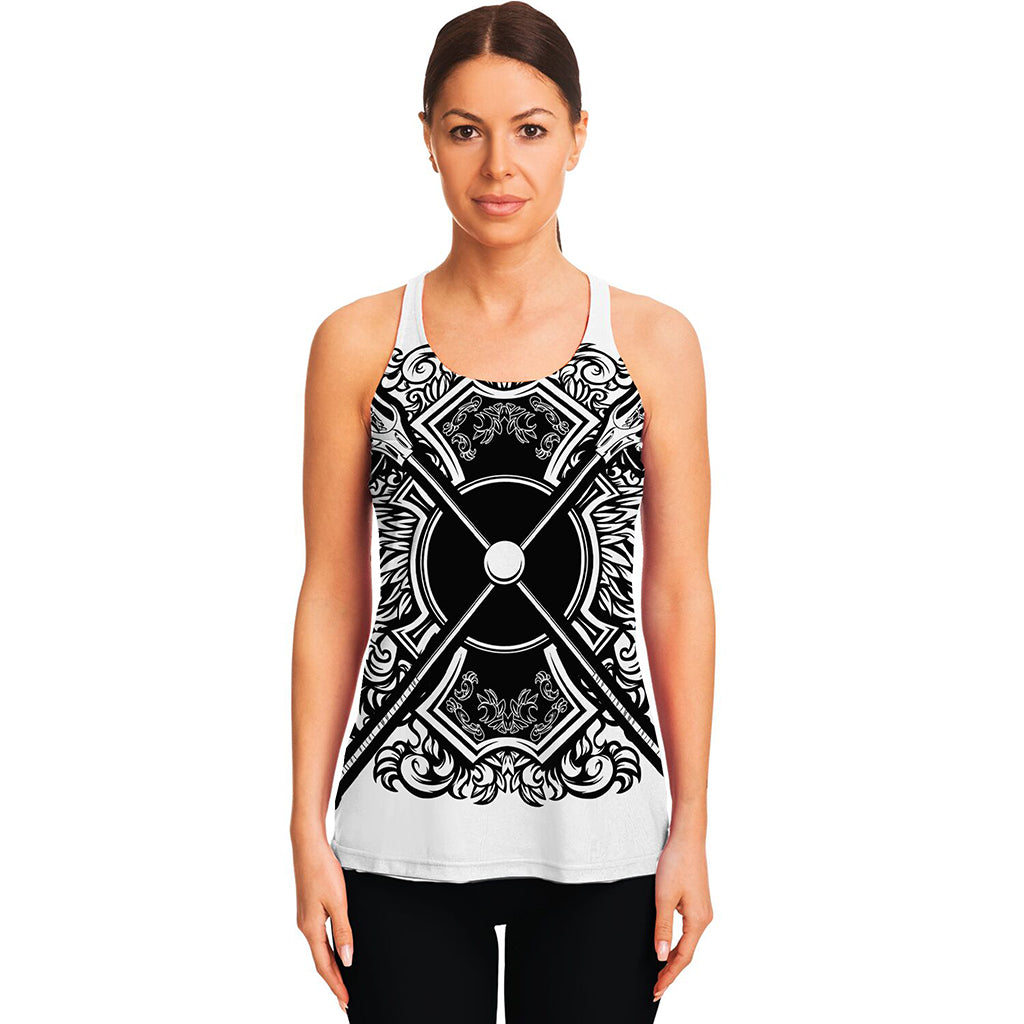 Lacrosse Sticks And Ornate Wing Print Women's Racerback Tank Top