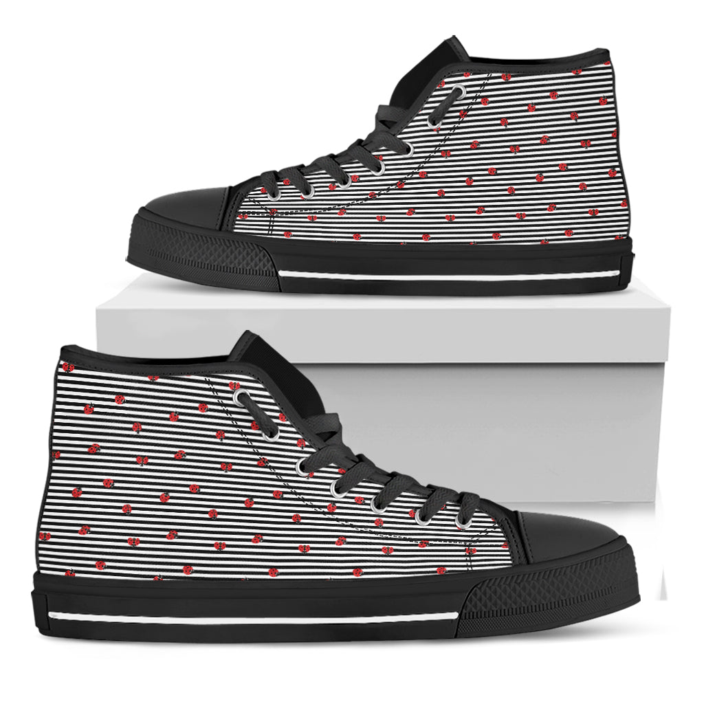Ladybug Striped Pattern Print Black High Top Shoes
