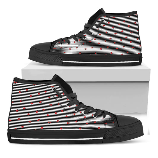 Ladybug Striped Pattern Print Black High Top Shoes