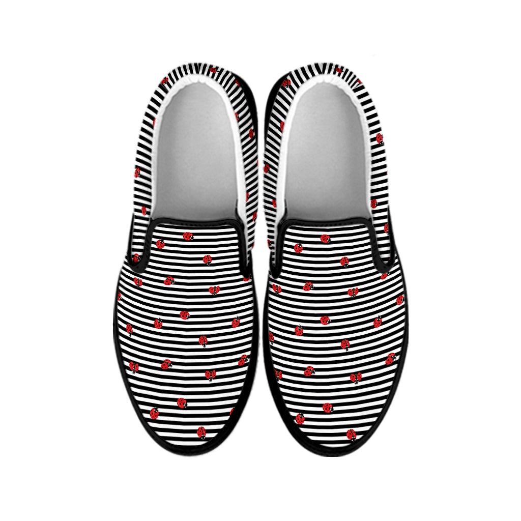 Ladybug Striped Pattern Print Black Slip On Shoes