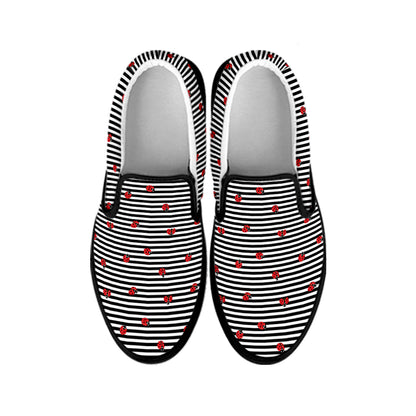 Ladybug Striped Pattern Print Black Slip On Shoes