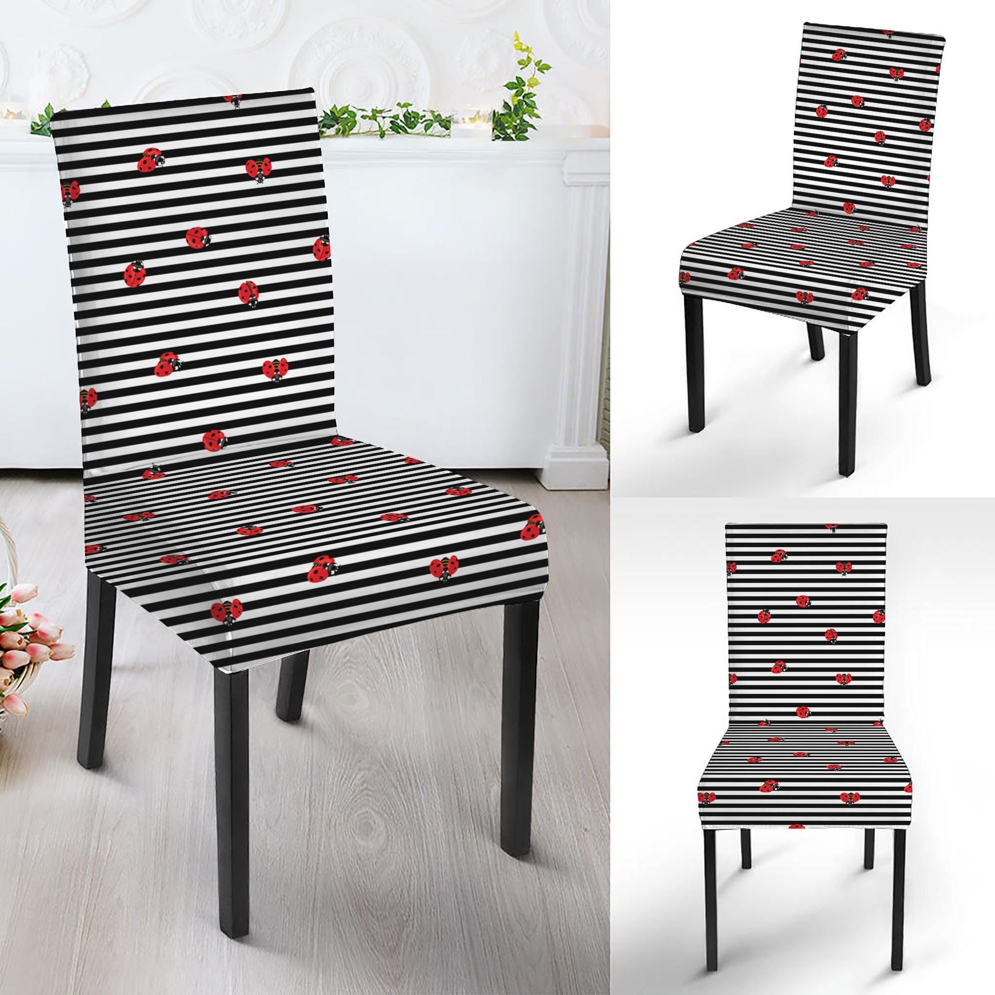 Ladybug Striped Pattern Print Dining Chair Slipcover